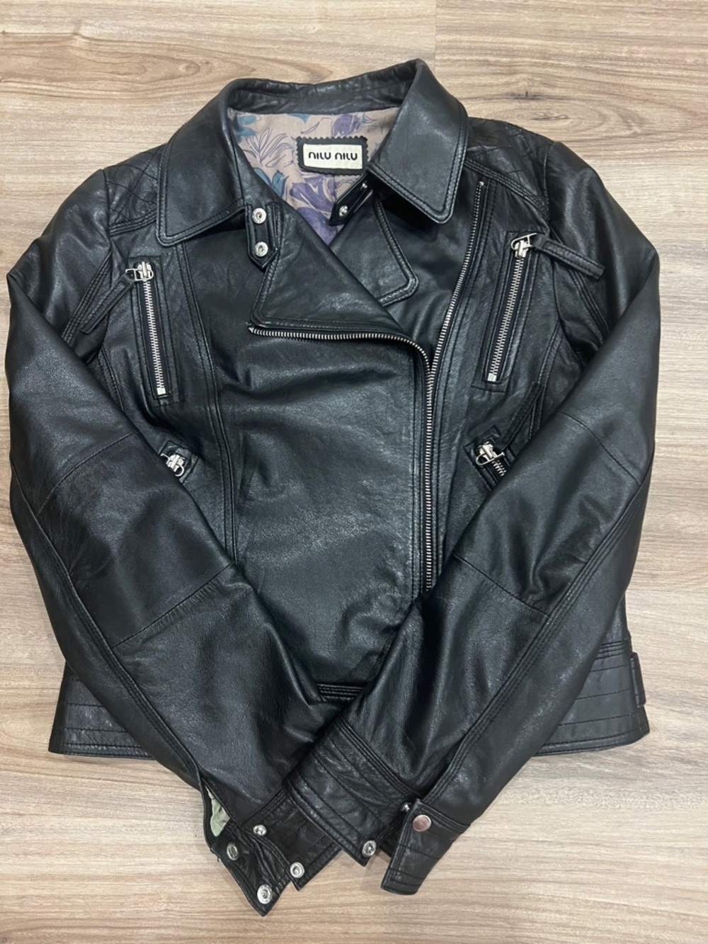 Miu Miu Black Leather Biker Jacket with Silver Hardware